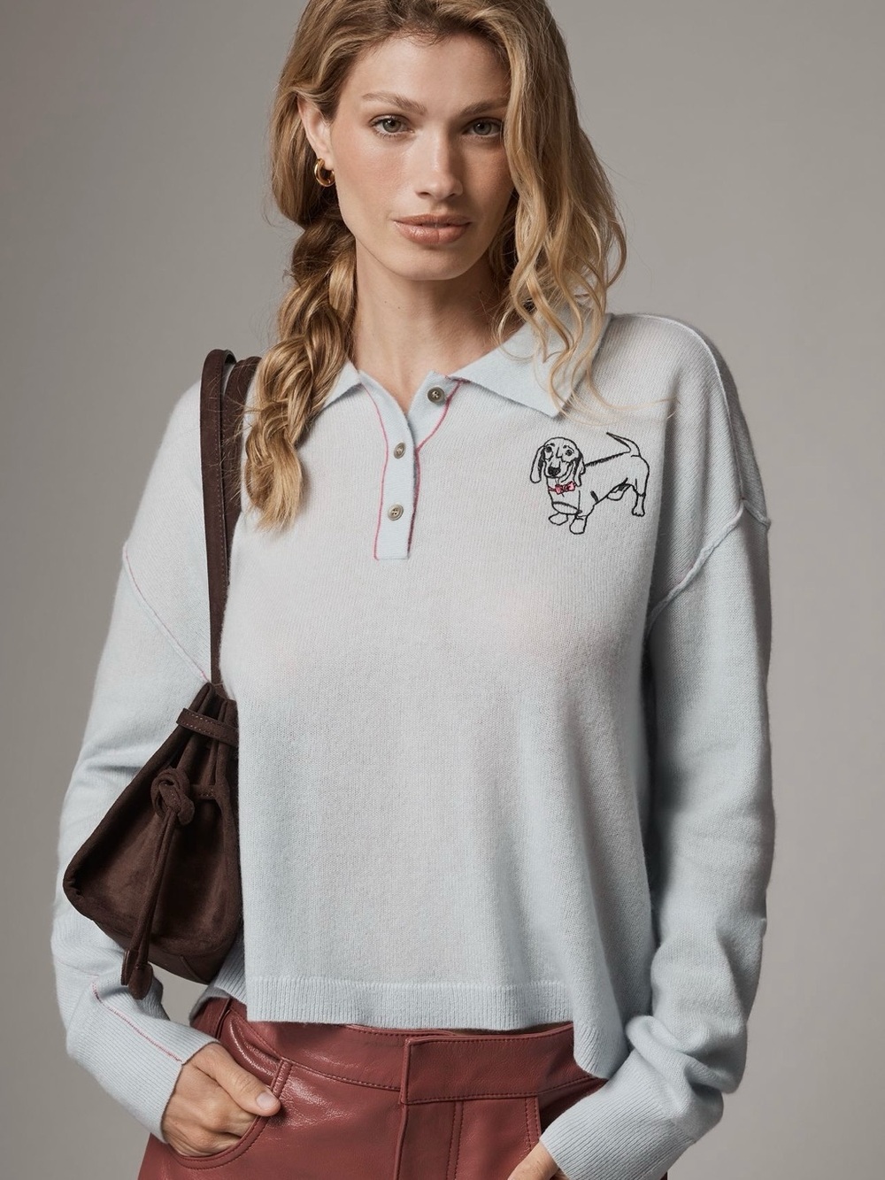 NWT Anthropologie Jensen Cropped Cashmere Polo Sweater Embroidered Dog Size XS